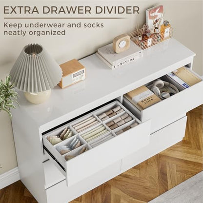 White 6 Drawer Dresser for Bedroom 47" Wide Closet Storage | Wood Dresser, Modern High Gloss, Handle-Free, for Entryway|TV Stand|Living Room - size: 15.4"D x 47.2"W x 32.3"H (6 Drawers)