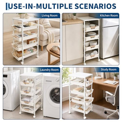 Garvee 5-Tier Slim Rolling Storage Cart, 12.6" Wooden Top Narrow Kitchen Carts on Wheels with Pull-Out Baskets, Mobile Shelving Unit Organizer for Kitchen, Bathroom, Laundry Room, Small Spaces