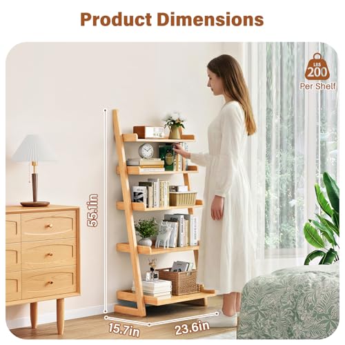 CozyDH Wooden Ladder Shelf,Natural Ladder Bookshelf Narrow 5-Tier,Ladder Shelf Bookcase Storage for Living Room, Bedroom, Home Office,23.6Dx15.7Wx55.1H - color: Natural
