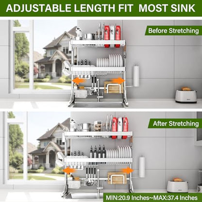 Over The Sink Dish Drainer Drying Rack 3 Tier, Full Stainless Steel Dish Drying Rack Adjustable Length 20.9''-37.4'' , Kitchen Sink Shelf, Organized Space-Saving Dish Rack with Pots and Pans Rack - color: Silver, size: 3 Tier with Pots and Pans Rack