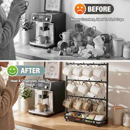 Coffee Mug Holder for Countertop, 22 Hooks Metal Coffee Cup Holder Rack | 3 Tier Mug Tree Holder Rack, Mug Tree Stand with Storage Base for K Cup Coffee Pod Paper Cups Tea Bag, Black - color: 3-Tier
