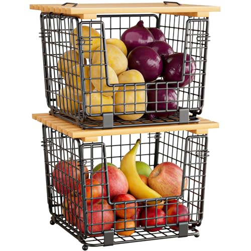 2 Pack Stackable Potato Onion Bins, Pantry Organizers and Storage | Wire Basket with Breathable Design for Garlic Fruits Vegetables Storage, Kitchen Counter Organizer - color: 2pack-black