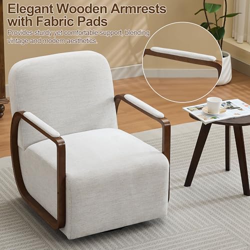 32" Chenille Upholstered Swivel Accent Chair, 360° Rotating Metal Base Modern Lounge Chair with Wooden Armrests for Living Room Bedroom, Beige - color: Beige, size: 1 Pack