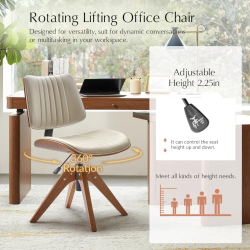 HULALA Home Faux Leather Home Office Desk Chair No Wheels, Ivory | Mid-Century Modern Desk Chair with Wood Legs, 360° Swivel Computer Task Chair with Channel-Tufted Backrest, Height Adjustable - color: Ivory