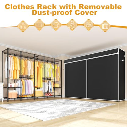 H50C Clothes Rack with Cover, Large Covered Clothing Rack, Black | Freestanding Portable Closets for Hanging Clothes, Heavy Duty Garment Racks with Shelves, 91.3 Inches Wide, Max Load 1350 Lbs - color: Black Rack with Black Cover