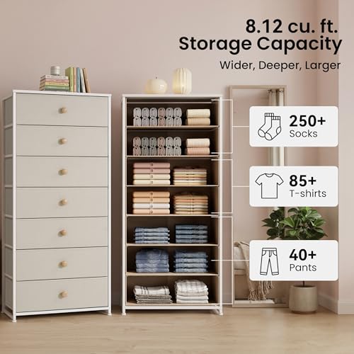 Fabric Dresser for Bedroom, Wide 7-Drawer Tall Vertical Tower (Beige) | Wooden Top, Steel Frame, Easy Pull Bin,Organizer Unit for Living Room, Hallway, Entryway, Nursery, Closets - color: Beige, style: Wide-7 Drawers
