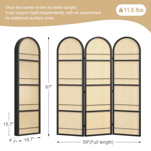 Rattan Room Divider with Bookshelf,Foldable Privacy Screen Partition,Wooden Frame,Natural Portable for Living Room,Bedroom Home,Office Reading Nook (Black, 3 Panels) - color: Black