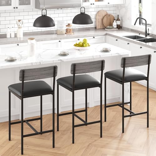 Bar Stools Set of 2, Kitchen Bar Stools with Footrest, Upholstered Bar Chairs with Back, 2 Counter Height Barstools for Counter Bar, Island - color: Grey（chair）