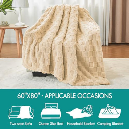 Kaisa Soft Fleece Blanket Throw, Premium 3D Checkered Blanket for Couch Sofa Bed Home Decor, Breathable Fleece Cozy Warm Luxury Lightweight Plush Blankets for All Season Use, 60"x80", Light Brown