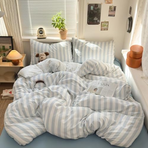 Striped Duvet Cover King Size Blue White Stripes Reversible Bedding Set Vertical Striped Duvet Cover Set Soft Lightweight Microfiber Quilt Cover with Zipper Closure and 2 Pillowcases - color: Blue White Striped, size: King(No Comforter)