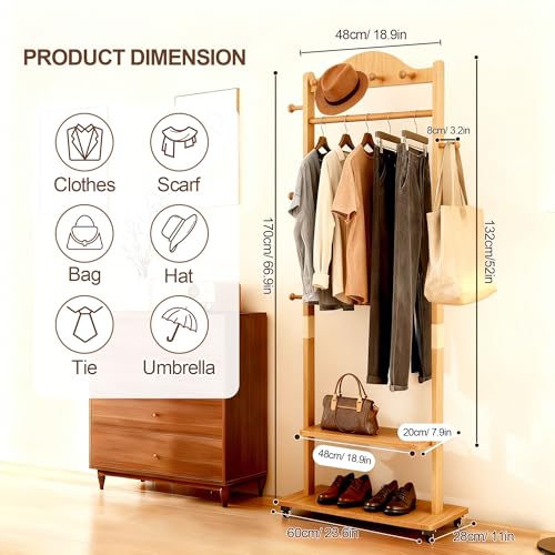 Natural Solid Wood Coat Rack Freestanding with Wheels - Heavy Duty Clothes Rack with 2 Storage Shelves & 9 Hooks, Wooden Coat Rack Stand Hat Hanger Rack for Bedroom Entryway Living Room Hotel - color: Wood
