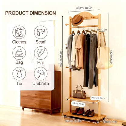 Natural Solid Wood Coat Rack Freestanding with Wheels - Heavy Duty Clothes Rack with 2 Storage Shelves & 9 Hooks, Wooden Coat Rack Stand Hat Hanger Rack for Bedroom Entryway Living Room Hotel - color: Wood
