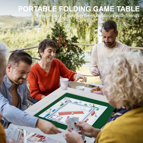 35.4" Square Folding Card Table, Mahjong Table with Green Felt，Chip Trays and Cup Holders, Portable Domino Tables for 4 Players, Card Game Tables for Mahjong Poker Domino Game - color: White