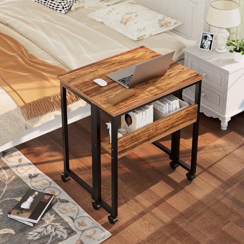 GreenForest Folding Desk with Wheels, 24.8" Rolling Table for Small Spaces | Storage Shelf, Lockable Casters, Compact Portable Workstation, Space-Saving Foldable Sofa Table, Home Office, Mobile, Walnut - color: Walnut, size: 24.8 inch