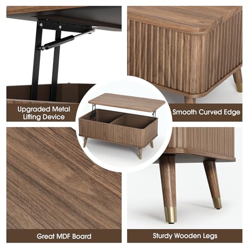 SULIVES Lift Top Coffee Table with Storage,Fluted Coffee Table with Lifting Top,Mid Century Modern Center Table with Solid Wood Legs,Small Coffee Tables for Living Room,Walnut - color: Walnut_rectangular