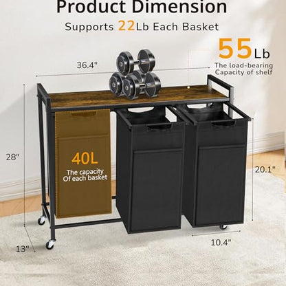 Laundry Hamper with Shelf, Laundry Basket with 3 Pull-Out Removable Bags, 3x 10.6 Gallons(120L), Metal Frame, Lockable Wheels, for Laundry Room and Bedroom - color: Black and Rust (3 Bags 120L)