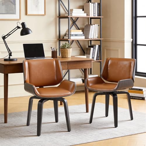 Mid Century Swivel Desk Chair No Wheels, Grey Oak Bentwood, Brown | Faux Leather, Solid Wood Legs, 360° Swivel, High-Density Foam, Adjustable Foot Pads, Home Office, Bedroom, Dining Room - color: Brown, size: Style A
