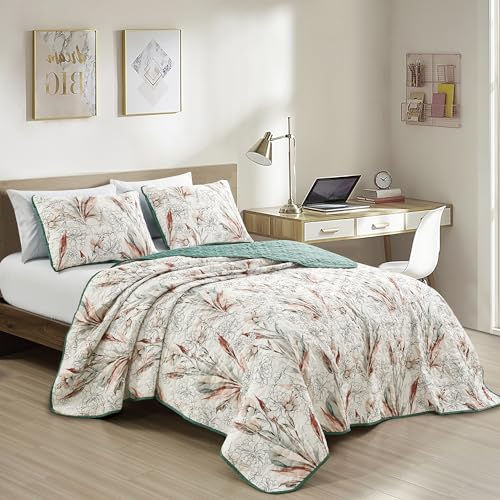 ESCA 3-Piece SARA Floral Green Bedspread Set Queen Size Reversible White Quilt - color: 09 Sara, size: Queen