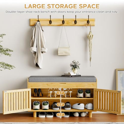 Shoe Storage Bench Coat Rack Set, 35.4" Bamboo Hall Tree Entryway Bench | Shoes Bench with Lift Top Hidden Storage & Wall Hooks, 2-Tier Shoe Cabinet with Seat Cushion for Foyer, Hallway, Natural - color: Natural With Hooks
