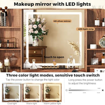 Arulvmrn 43" Makeup Vanity Desk with Mirror and Lights, & Power Outl, Glass Top Big Vanity Table with 9 Drawers& 8 Storage Shelves, Dressing Table Set with Chair for Bedroom, Walnut - color: Walnut
