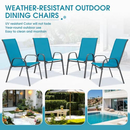 24.4" Wide Outdoor Patio Stackable Chairs Set of 4, Blue | Stacking Patio Chairs with Textilene Fabric, Outside Furniture for Garden Backyard Balconie Poolside Deck - color: 4 Blue Chairs