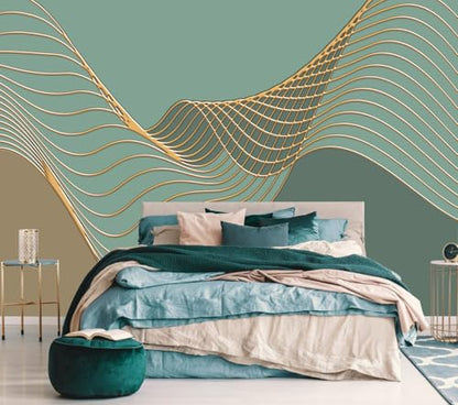 Gold Geometric Line Wallpaper Mural Peel and Stick 137"x100" | Brown and Green Background Abstract Wall Murals for Living Room Bedroom - color: ZZ-020, size: 137" x 100"