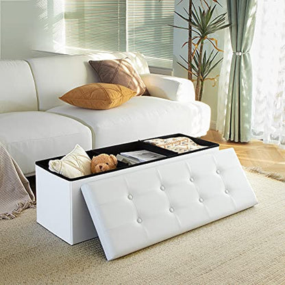 Camabel 43 Inch Folding Storage Ottoman Bench 120L Hold up 700lbs Ottoman with Storage Chest Foam Seat Padded Foot Rest Stool Faux Leather Bedroom Bench Coffee Table White - color: White