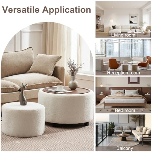 28 Inch Round Storage Ottoman with Wheels Set of 2, Multifunctional Coffee Table Ottoman with Removable Solid Wood Lid, Modern Circle Ottoman Foot Rest for Living Room, Bedroom, Beige - color: Beige