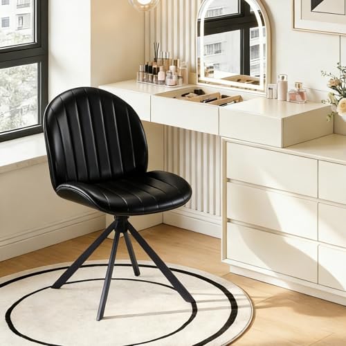 PU Leather Swivel Office Chair No Wheels, Small Comfy Mid Century Armless Desk Chair, Cute Swivel Vanity Chairs No Wheels for Small Spaces, Bedroom,Living Room,Home Office, Black - color: Black-pu