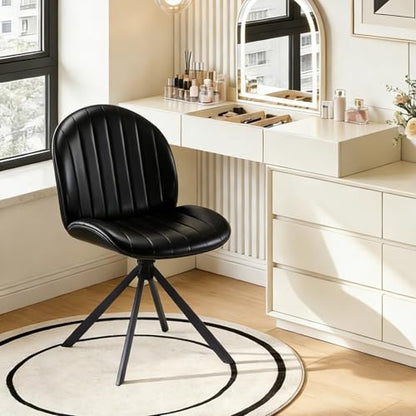 PU Leather Swivel Office Chair No Wheels, Small Comfy Mid Century Armless Desk Chair, Cute Swivel Vanity Chairs No Wheels for Small Spaces, Bedroom,Living Room,Home Office, Black - color: Black-pu