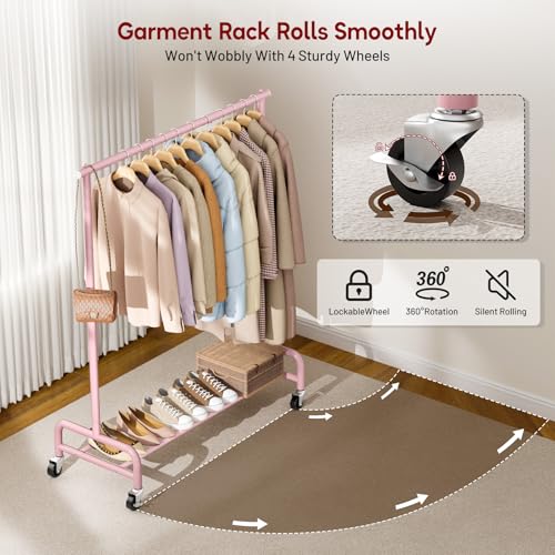 SLEEPING LAMB Heavy Duty Clothing Racks for Hanging Clothes Rack, 43" Wide Rolling Garment Rack Metal Clothing Hanger Rack with Wheels Wardrobe Rack for Coats, Shirts, Dress (Pink) - color: Pink, style: Single Rod