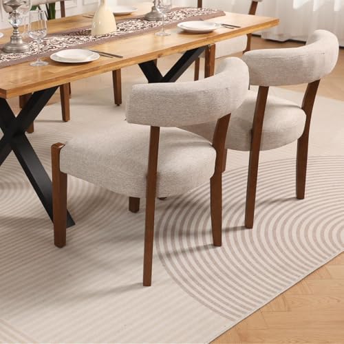 RNKSFX Upholstered Dining Chairs Set of 2, Walnut Wooden Kitchen & Dining Room Chairs, Mid Century Modern Fabric Farmhouse Dining Chairs Oversized Sturdy Rounded Chairs Curved Back, Beige Fabric - color: Beige Fabric
