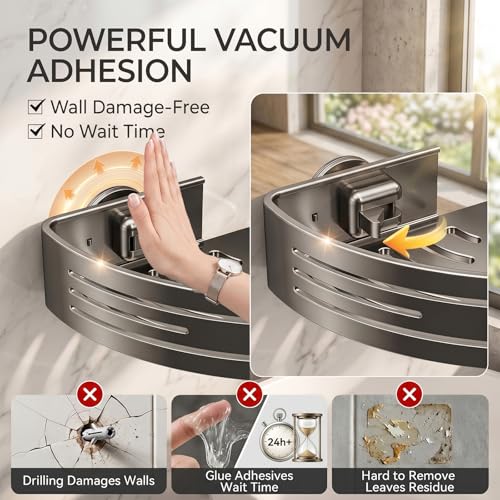 Shower Caddy Suction Cup, Rustproof Aluminum Shower Shelves with Hooks, No-Drilling Upgrade Bionic Suction Cup Shower Organizer, Removable Bathroom Storage Corner Shelf (Grey)