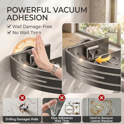 Shower Caddy Suction Cup, Rustproof Aluminum Shower Shelves with Hooks, No-Drilling Upgrade Bionic Suction Cup Shower Organizer, Removable Bathroom Storage Corner Shelf (Grey)