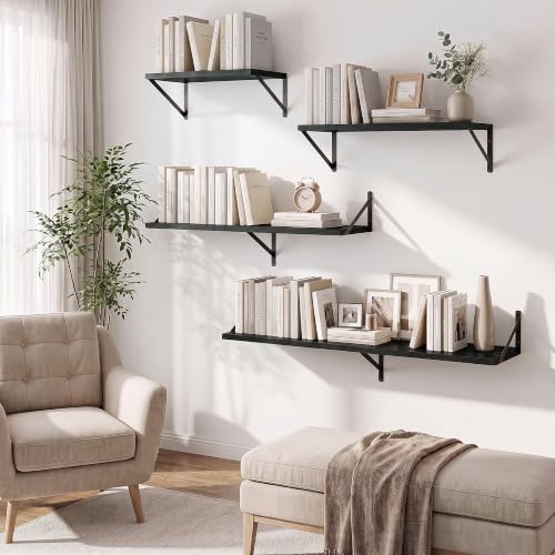 Deep Floating Shelves, 18'' x 10'' Black Wall Shelves Set of 2 | 10 Inch Deep Shelves with Heavy Duty Brackets, Rustic Wood Shelves for Bathroom Living Room, Engineered Wood, 30LBS - color: Black, size: 18W x 10D