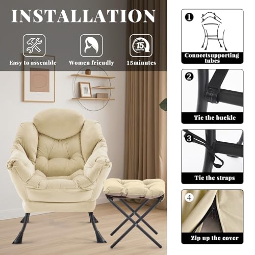 Lazy Chair with Ottoman, Comfy Reading Chair, Khaki | Cushioned Seat with Foldable Ottoman and Side Pocket, Lounge Chair for Bedroom, Living Room, Dorm and Small Spaces - color: Khaki