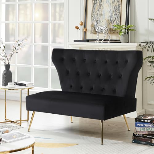 ZJhome Small Sofa, Soft Upholstered 40’’ Armless Velvet Loveseat Couch with High Density Foam, Modern Tufted Cushion with Gold Legs for Bedroom, Dorm, Apartment, Girls, Teens, Easy Assembly,Black - color: Black, size: 40‘’ button