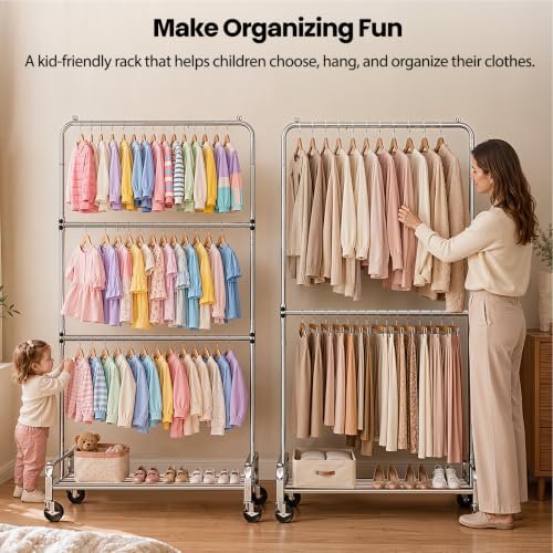 Heavy Duty Kids Clothing Rack Rolling Large Storage Capacity Dress Up Rack | with 2/3 Adjustable Rod & Bottom Shelf - Baby clothes rack baby Closet for Nursery Bedroom Organizer - color: Silver