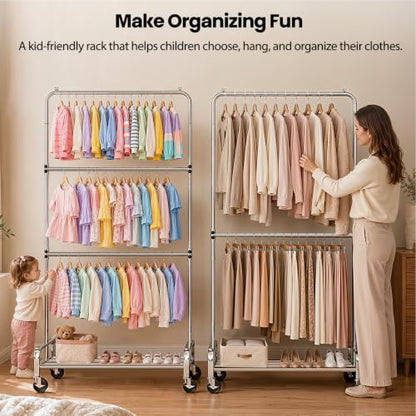 Heavy Duty Kids Clothing Rack Rolling Large Storage Capacity Dress Up Rack | with 2/3 Adjustable Rod & Bottom Shelf - Baby clothes rack baby Closet for Nursery Bedroom Organizer - color: Silver