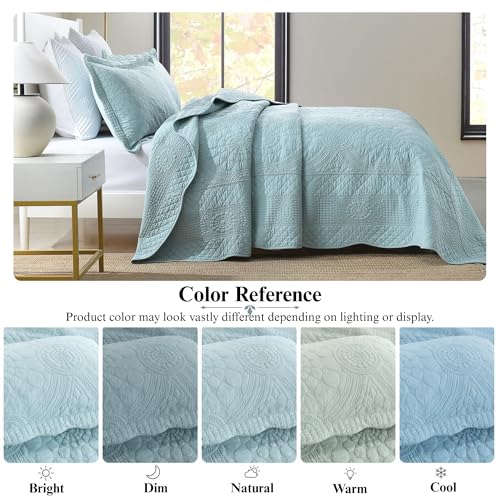 MarCielo 100% Cotton Quilt Set - 3-Piece Embroidered Farmhouse Bedspread & Shams, All-Season Breathable Bedding (Tf Aruba Blue, Queen) - color: Tf Aruba Blue, size: Queen (98" x 90")