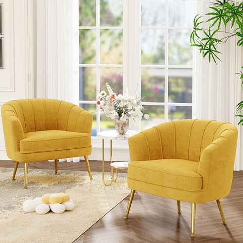 Velvet Accent Chair Set of 2, Barrel Armchair, Yellow | Velvet Upholstery, Golden Metal Legs, Comfy Barrel Back, Modern Style, Living Room Bedroom Office - color: Yellow, size: 2 Chairs