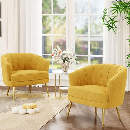 Velvet Accent Chair Set of 2, Barrel Armchair, Yellow | Velvet Upholstery, Golden Metal Legs, Comfy Barrel Back, Modern Style, Living Room Bedroom Office - color: Yellow, size: 2 Chairs