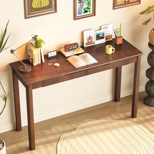 100% Solid Wooden Desk with Drawers - 47 x 16 Inch Mid Century Narrow Desk, Vintage Writing Desks with Drawers, Simple Work Study Table, Small Desks for Small Spaces, Walnut Color - size: 47.2 in W x 15.7 in D