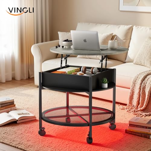 VINGLI 27" Round Lift Top Coffee Table with Wheels & Lights, Black & Grey | Removable Coffee Table with Hidden Compartment Storage & Metal Shelf, Small Farmhouse Coffee Tables for Living Room, Office - color: Black & Grey