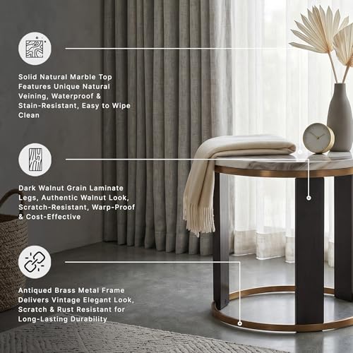 Signature Design by Ashley Jazmore End Table, 24 Inch Round Faux Marble Accent Side Table with Antiqued Brass Finished Metal Frame and Replicated Walnut Wood Legs, White & Black - color: Brown/Brass Finish