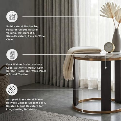 Signature Design by Ashley Jazmore End Table, 24 Inch Round Faux Marble Accent Side Table with Antiqued Brass Finished Metal Frame and Replicated Walnut Wood Legs, White & Black - color: Brown/Brass Finish