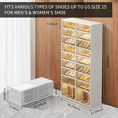 CIMLORD 9-Tier Foldable Shoe Rack, Magnetic Doors, 36 Pairs, White | Collapsible Plastic Shoe Cabinet, Stackable, Clear Doors, Bottom Wheels, Fits Boots, Easy Assembly, Closet & Entryway - size: 9 Tiers 36 Pairs