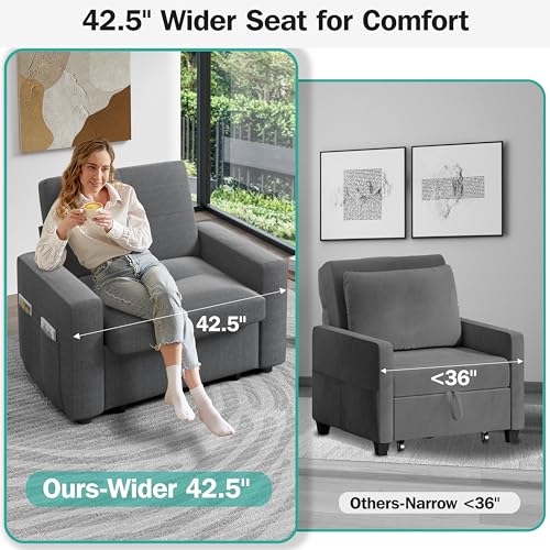 Sunny Heart 40" W Oversized Sleeper Chair Bed, 3-in-1 Convertible Reclining Sofa Chair with Pull Out Couch Bed, Adjustable Backrest, Side Pockets, Cup Holder, USB Ports & Side Table, Basic Dark Grey - color: Dark Grey, size: 40 inch