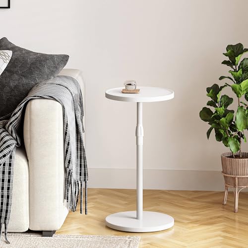 Adjustable Round Side Table, Pedestal Drink Table for Small Spaces | Small End Table, Tall Round Nightstand for Living Room Bedroom White ET-010WW - color: White