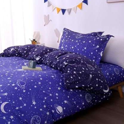 JSD Blue Stars Space Theme Kids Boys Duvet Cover Set Twin Size | 2 Piece Soft Printed Microfiber Duvet Cover with Pillow Sham Zipper Closure, Comforter Not Included, Oeko-Tex Certified - color: Blue Stars, size: Twin